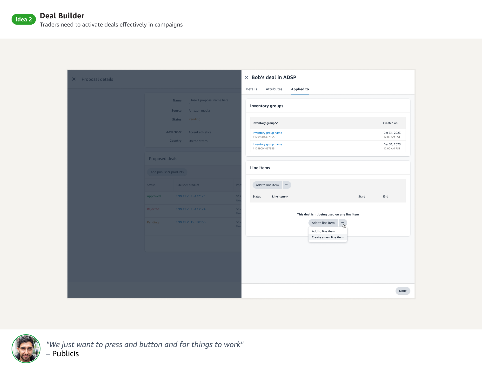  To support the full lifecycle of inventory buying, a reporting experience was designed that helps both inventory managers and traders understand performance, diagnose issues, and optimize deal execution.    While both roles rely on the same underlyi