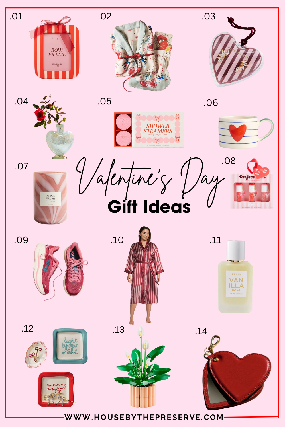 A thoughtful Valentine's Day gift guide roundup from House by the Preserve featuring 14 romantic and cozy gift ideas like heart-shaped accessories, luxury robes, and spa essentials in a moody traditional aesthetic.