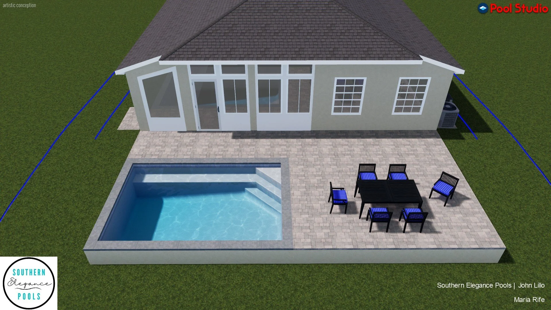 A straight-on 3D rendering highlighting the extensive retaining wall required to level the sloped backyard for the new pool and outdoor dining area.