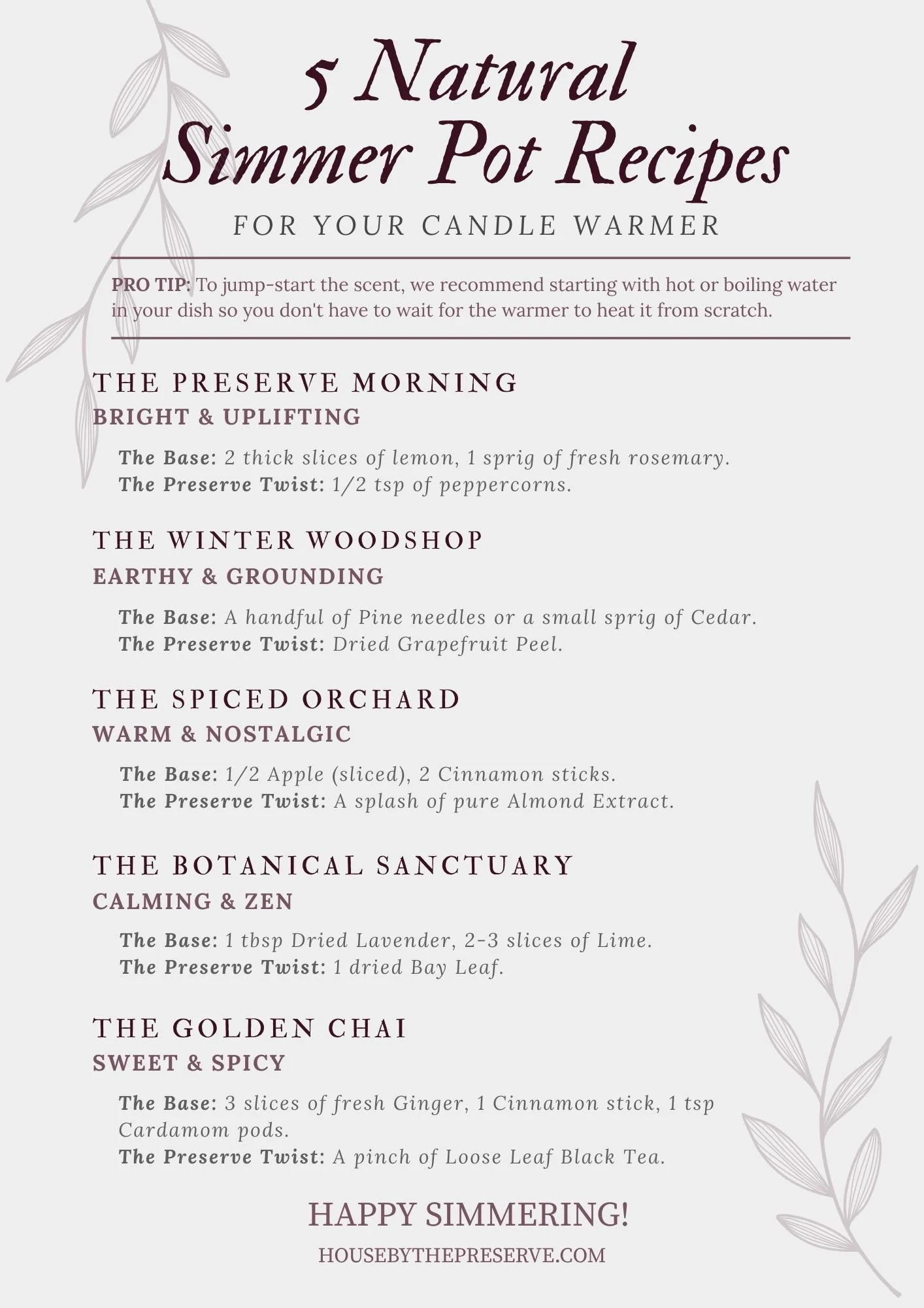 A vintage-inspired botanical printable featuring five natural simmer pot recipes with plum-colored accents and elegant serif typography.