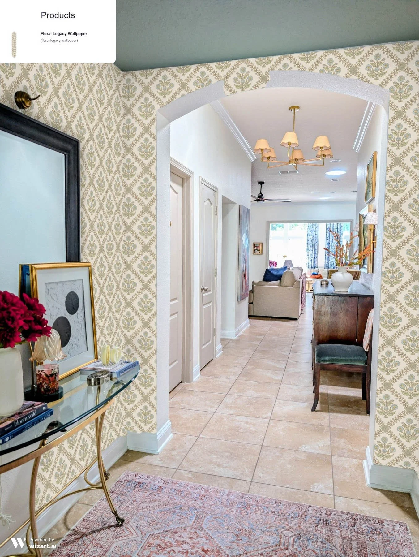 Digital room visualizer showing Floral Legacy wallpaper in an arched entryway with tile floors and a console table.