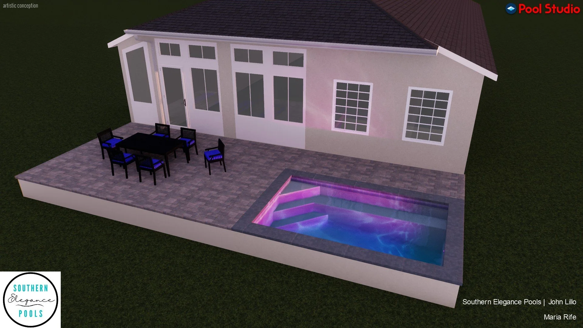 A 3D rendering of a custom backyard pool and paver deck extending from the back doors, showcasing the raised retaining wall needed to accommodate the sloped lot.