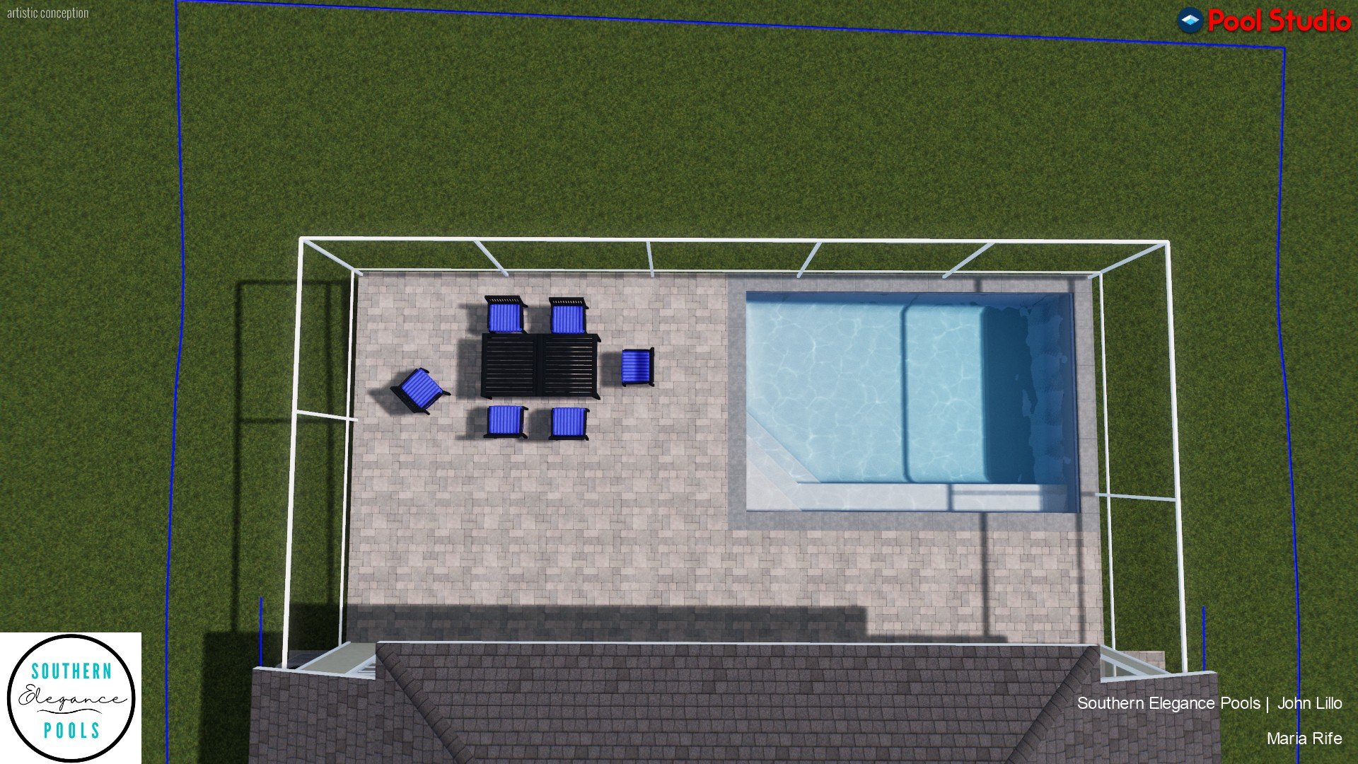 An overhead 3D design view of the planned backyard layout, featuring a screen enclosure covering the outdoor dining space and custom swimming pool.