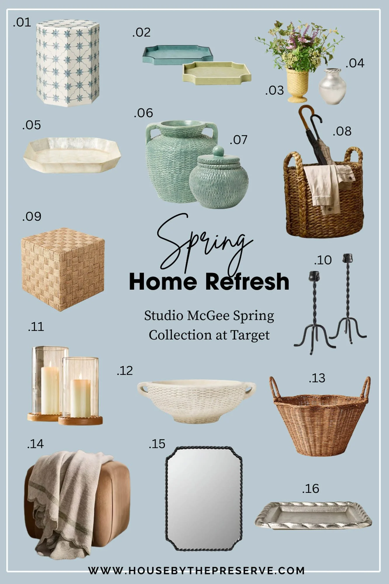 A marketing graphic for a Studio McGee at Target spring home decor collection featuring sixteen numbered items including baskets, vases, and trays on a light blue background for housebythepreserve.com
