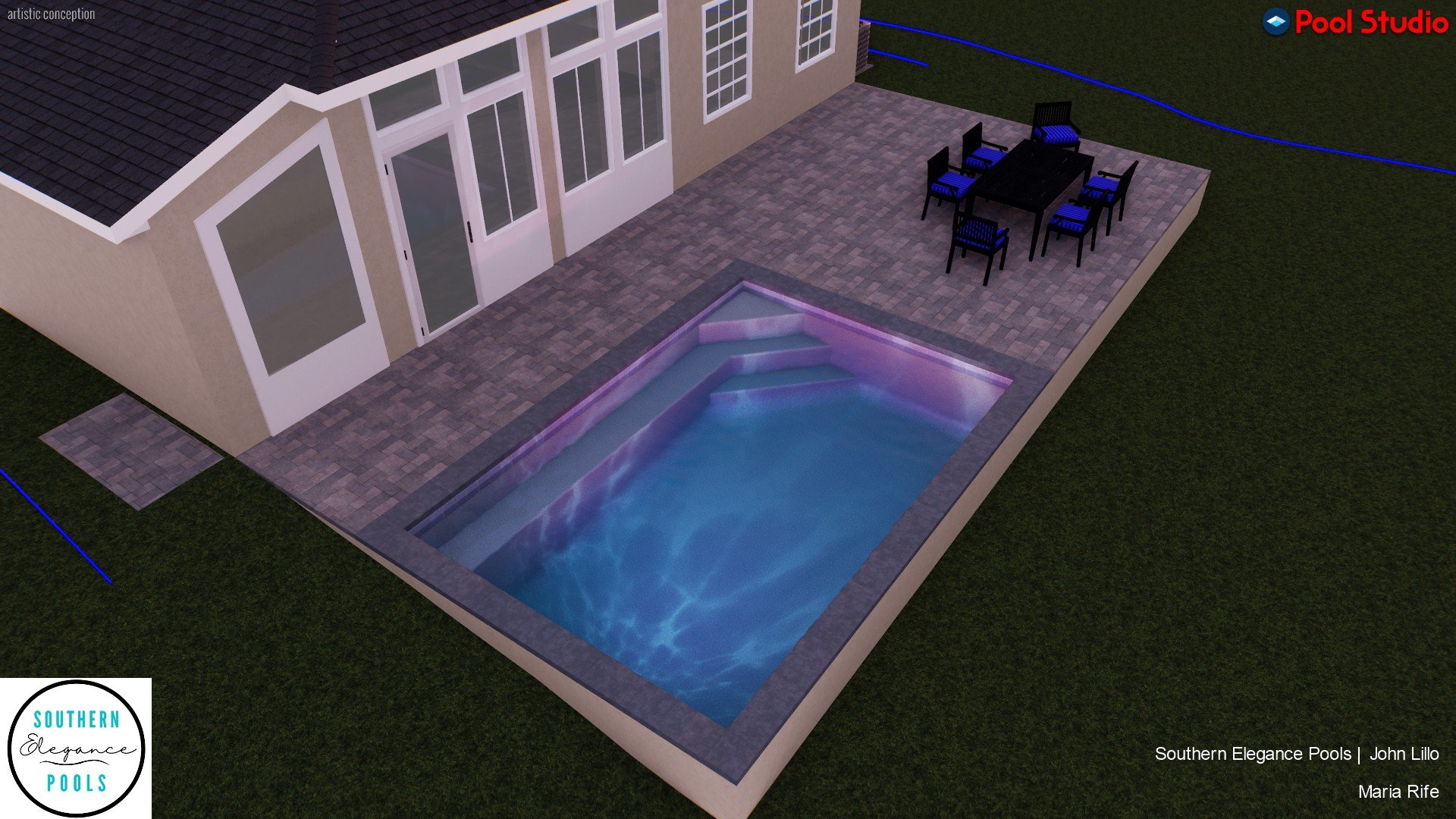 An angled 3D visualization illustrating how the raised concrete pool and decking will seamlessly integrate with the home's exterior to create a modern outdoor living space.