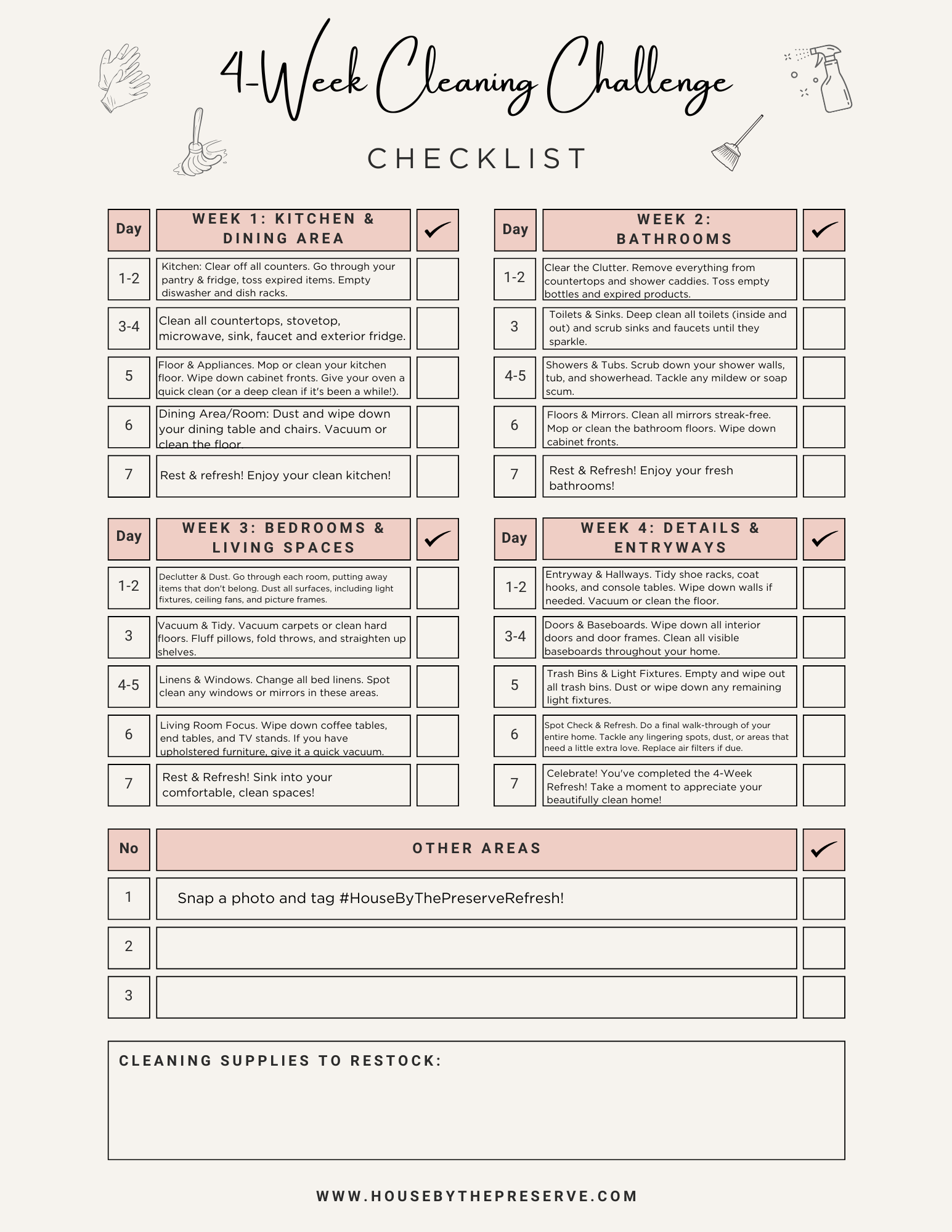4-Week Cleaning Challenge Checklist by House by the Preserve