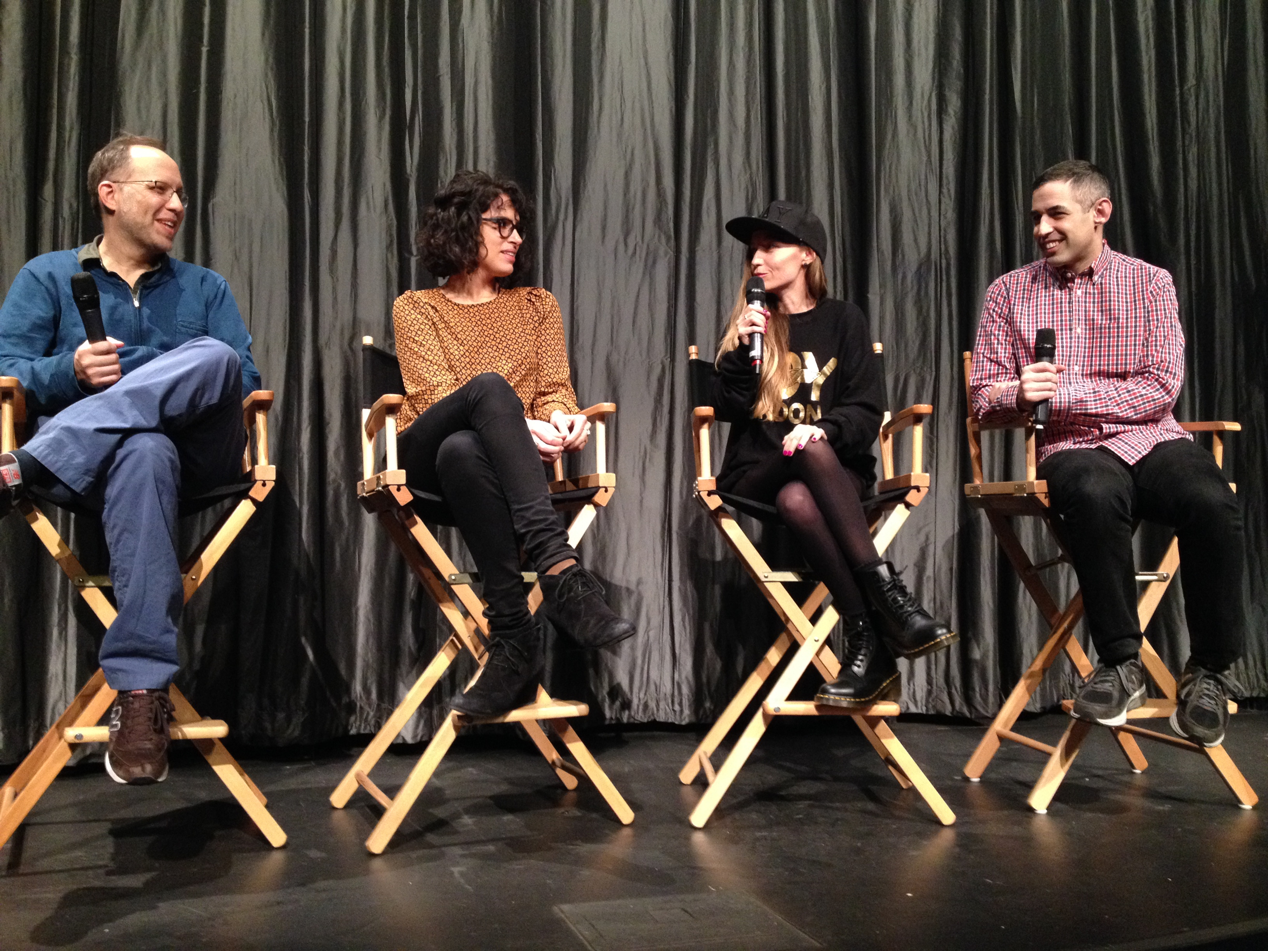  Queer|Art|Film &nbsp; co-curators Ira Sachs and Adam Baran on stage with presenter Desiree Akhavan and director Marialy Rivas at the 2015 screening of  Young and Wild.  (Photo by Vanessa Haroutunian) 