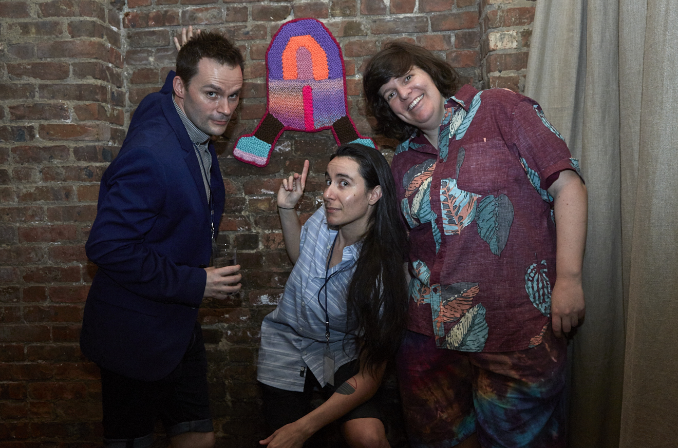 Travis Chamberlain, Vanessa Haroutunian & CWC at Caroline Wells Chandler Opening Reception for Queer|Art|Pride at Wythe Hotel, June 2017. (Photo by Eric McMatt)