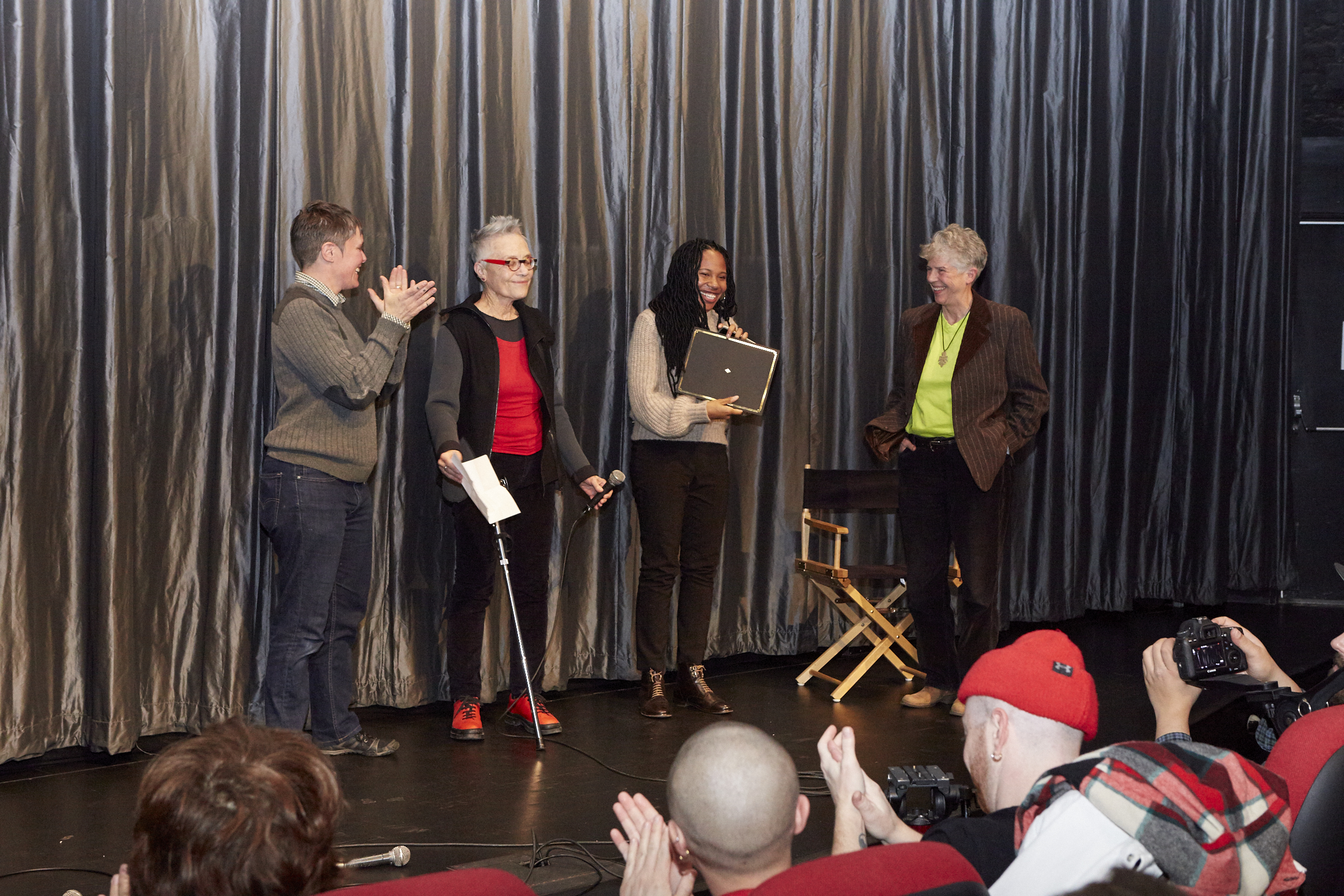  Grant Judges Dani Restack and Su Friedrich giving Fair Brane the 2017 Award alongside Barbara Hammer (Photo by Eric McNatt) 