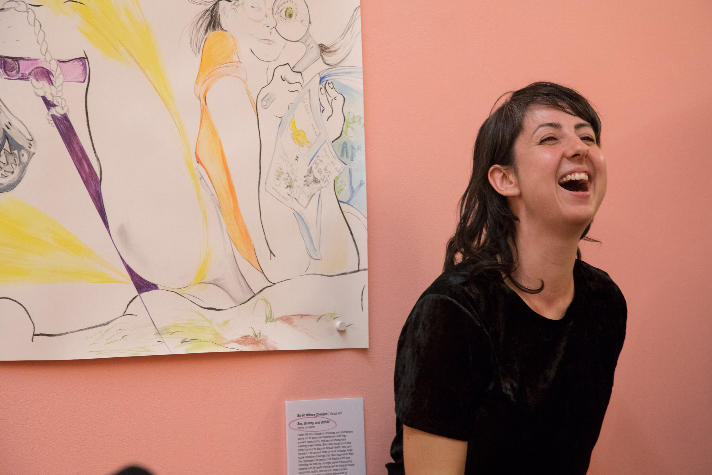 Sarah Mihara Creagan next to her drawing "Sex, Botany, and BDSM" during the VIP Preview Tour (photo by Cayetana Suzuki)