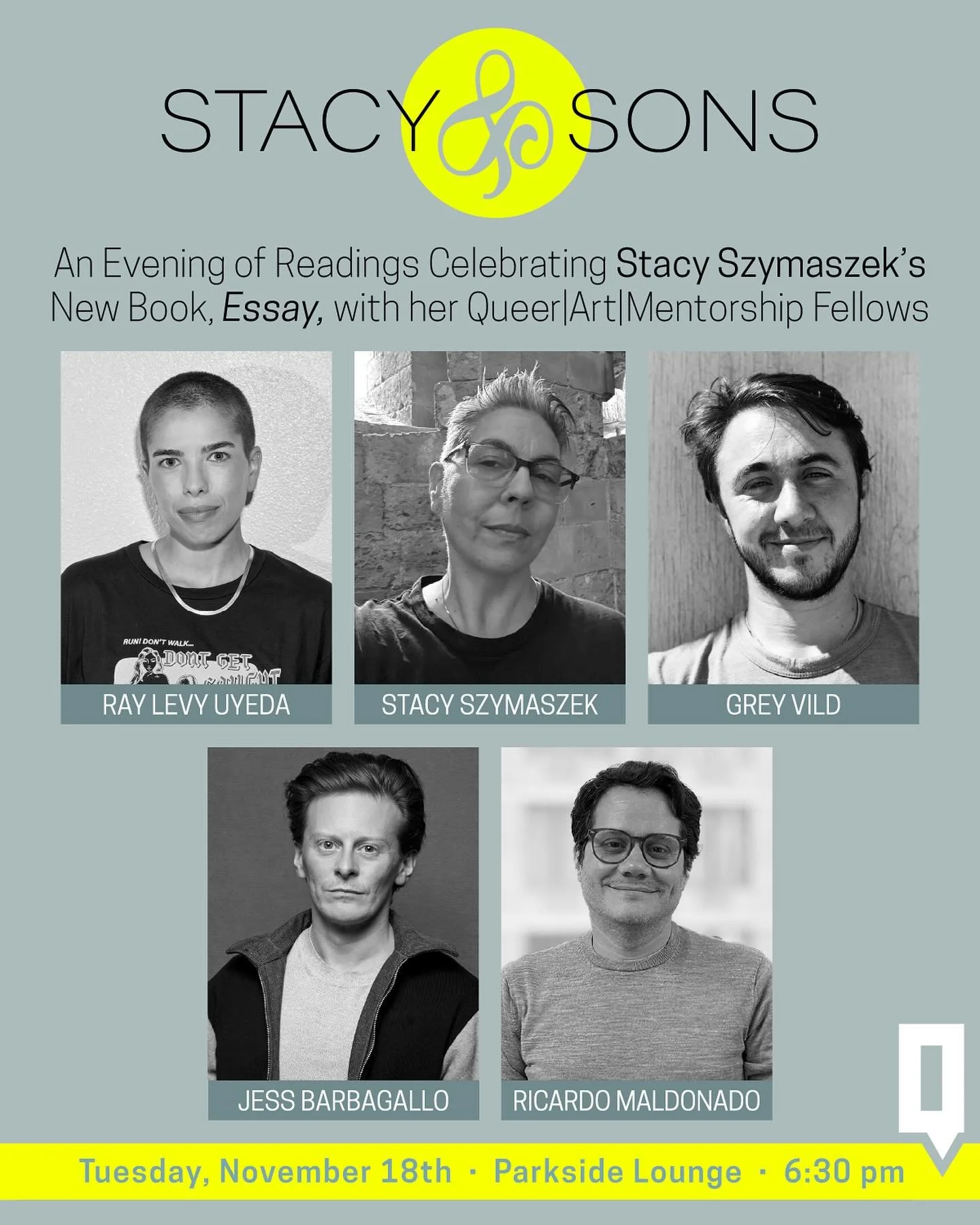 NEXT TUESDAY: @queerart is thrilled to present &ldquo;Stacy &amp; Sons,&rdquo; an evening of readings celebrating poet and Multi-Year QAM Mentor Stacy Szymaszek&rsquo;s new book, &ldquo;ESSAY.&rdquo; @szymszk will read selections from the book, follo