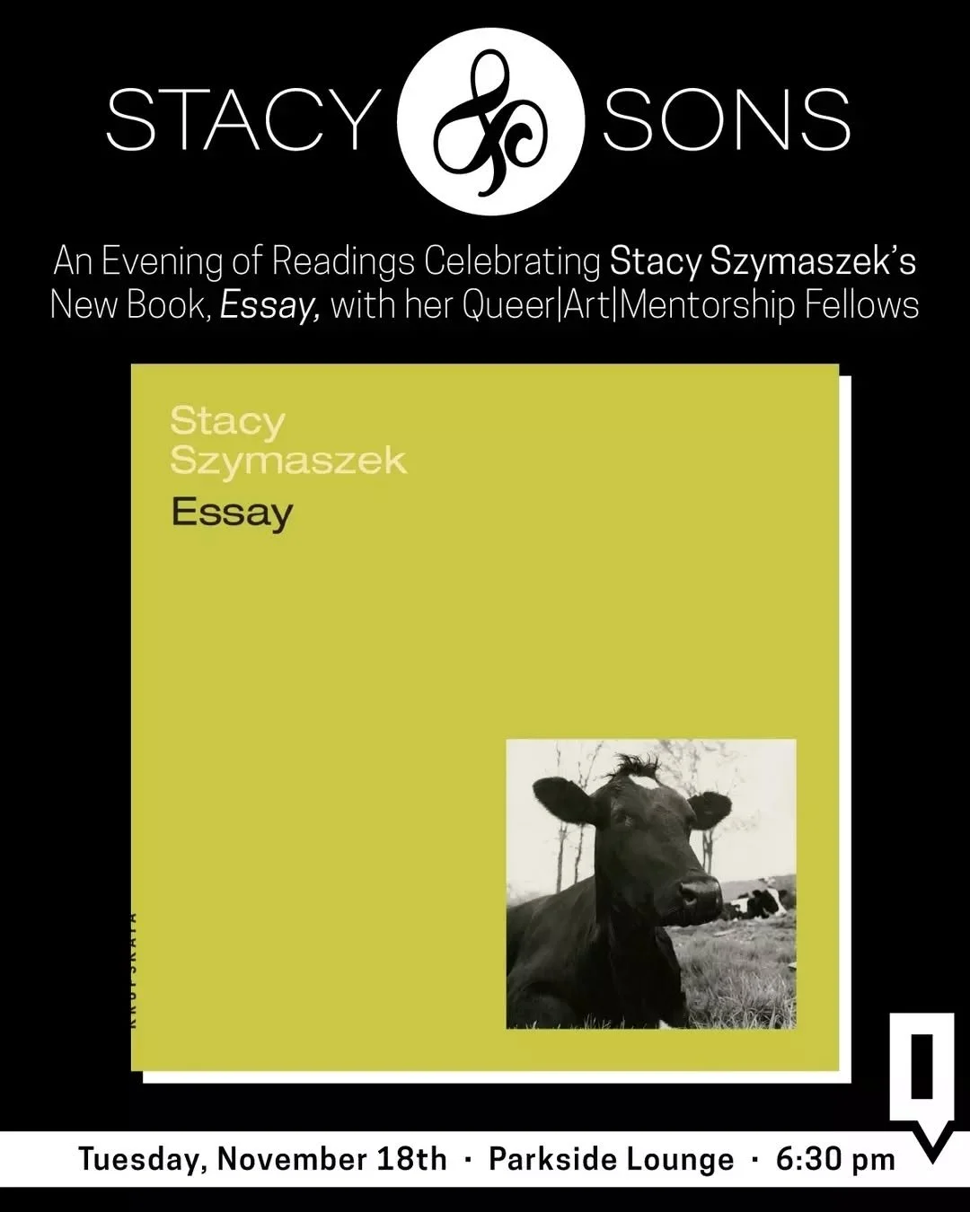TOMORROW: Join @queerart for, &ldquo;Stacy &amp; Sons,&rdquo; an evening of readings celebrating poet and Multi-Year QAM Mentor Stacy Szymaszek&rsquo;s new book, &ldquo;ESSAY.&rdquo; @szymszk will read selections from the book, followed by additional