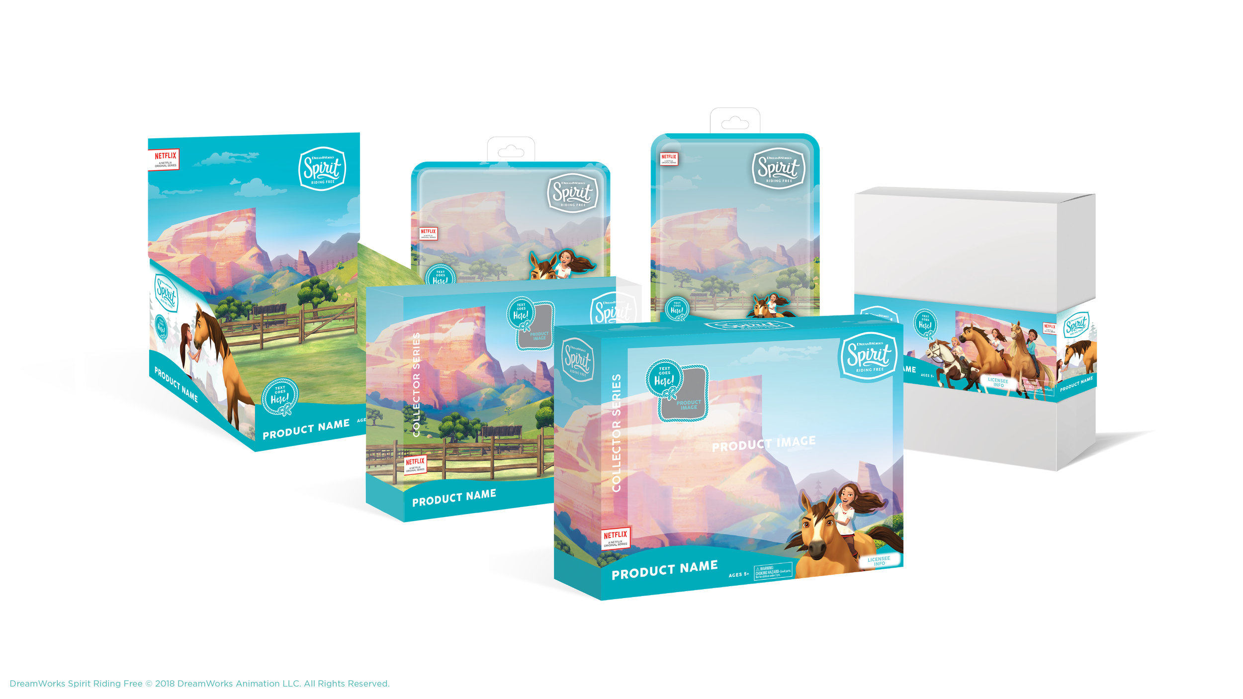 Packaging designs for merchandise based on Dreamworks Spirit: Riding Free show on Netflix