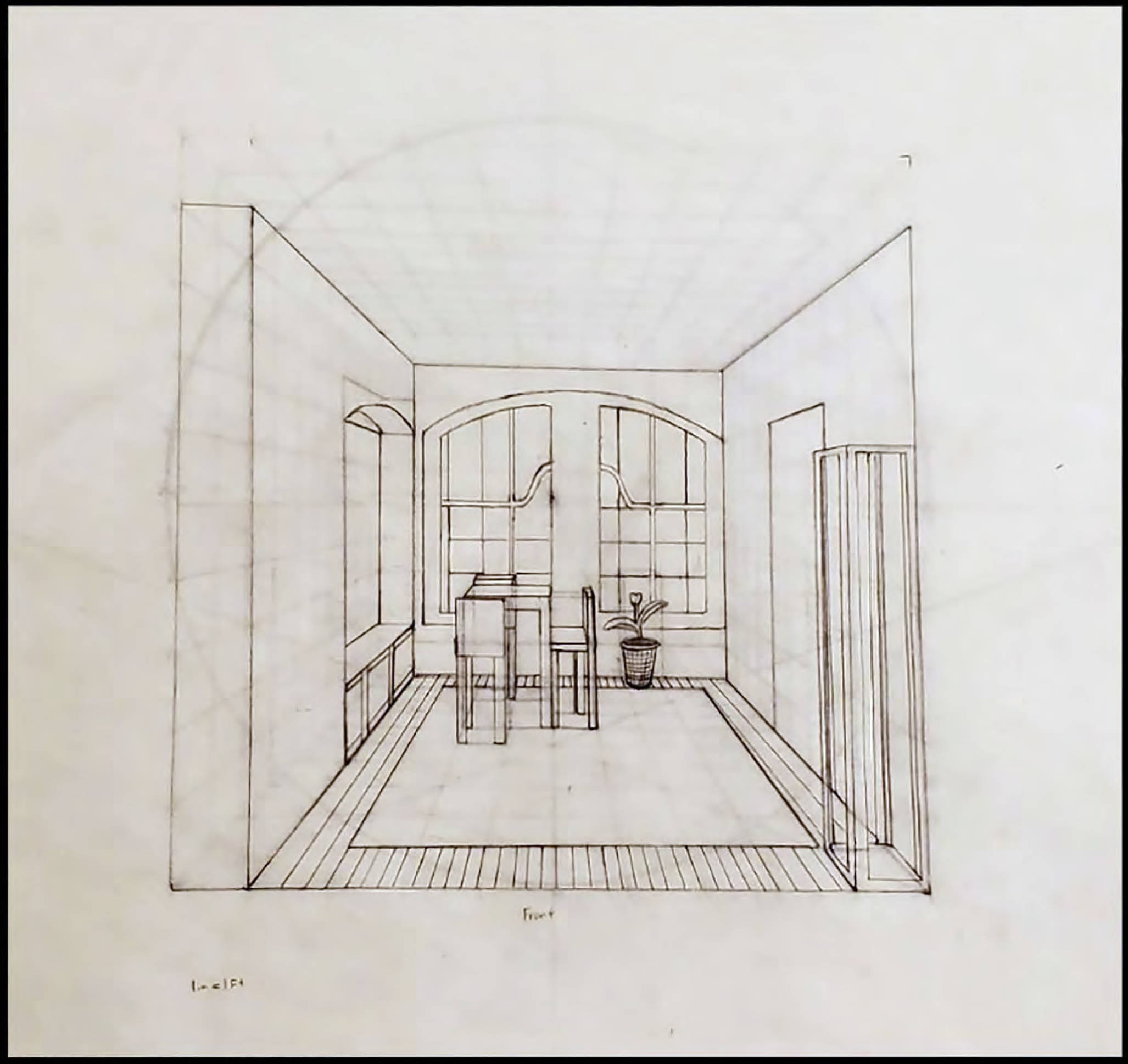   Drawing II: Plotted Room to Scale w 9' Ceilings: Technical 1pt Perspective Interior  Graphite on Mylar over Graphite on Paper 18” x 24” Saint Louis Community College–Meramec 
