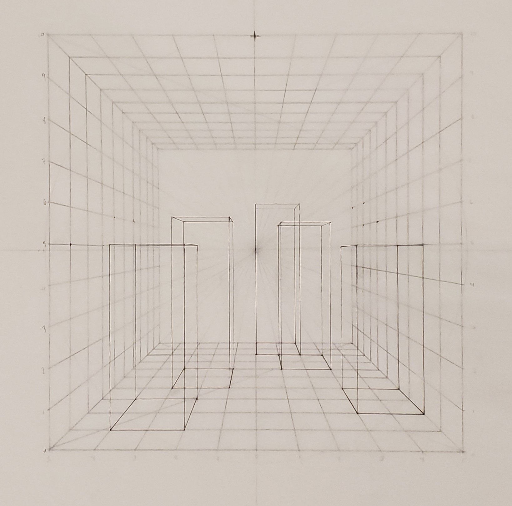   Drawing II: Plotted Boxes in Technical 1pt  Graphite on Paper, Graphite on Tracing Paper 12” x 12” Saint Louis Community College–Meramec 