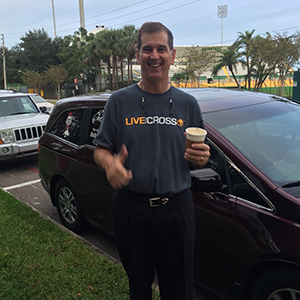 Bobby Grace owner of Bobby Grace Putters wearing his Live at the Cross t-shirt in downtown St. Petersburg, FloridaDecember 24, 2015