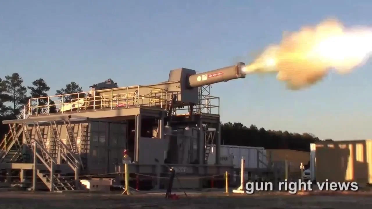 U.S. Navy test firing the BAE System railgun prototype at its test range near Dahlgren, VA, in March 2017