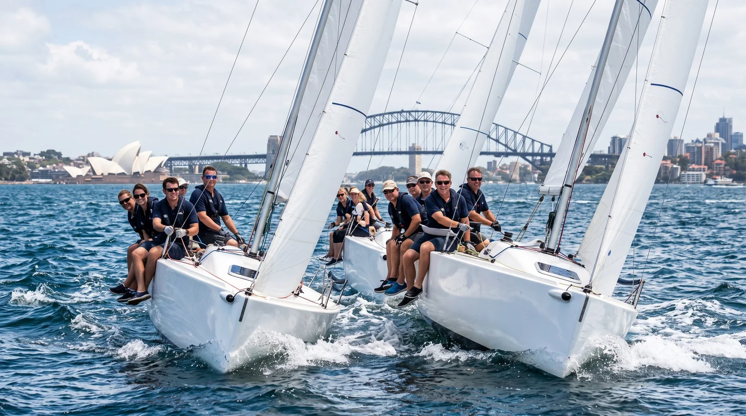 Three matched racing yachts under full sail heeling over close together during a corporate regatta on Sydney Harbour, crews in matching navy polo shirts along the rail