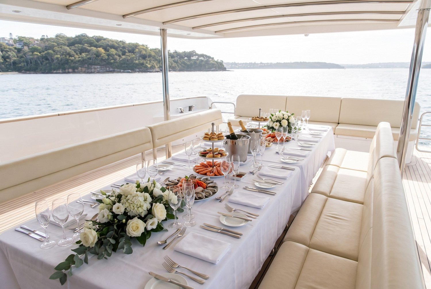 A long banquet table set with white linen, glassware, white floral arrangements and seafood platters along the covered rear deck of a large charter vessel, with Sydney Harbour beyond the stern