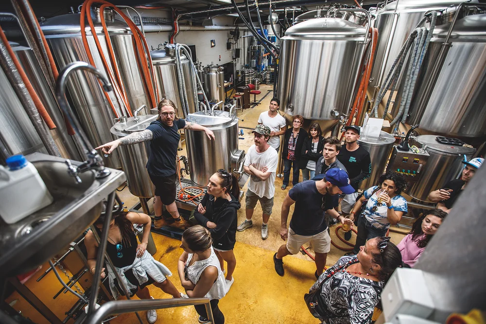 Group on a behind the scenes brewery tour in Sydney standing among the brewing tanks
