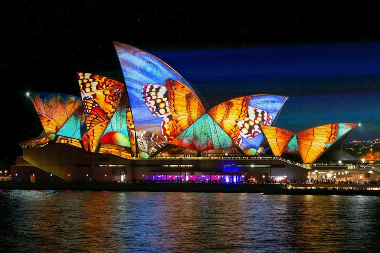 Vivid Sydney festival light projections on the Sydney Opera House sails at night