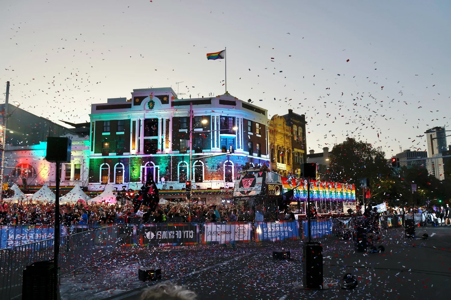 Sydney Mardi Gras parade crowds on Oxford Street Darlinghurst at night