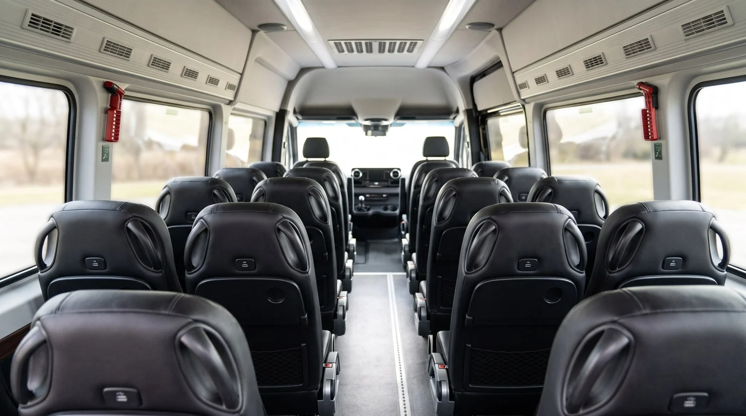 Interior of a 16 seat Mercedes Sprinter minibus with black leather reclining seats