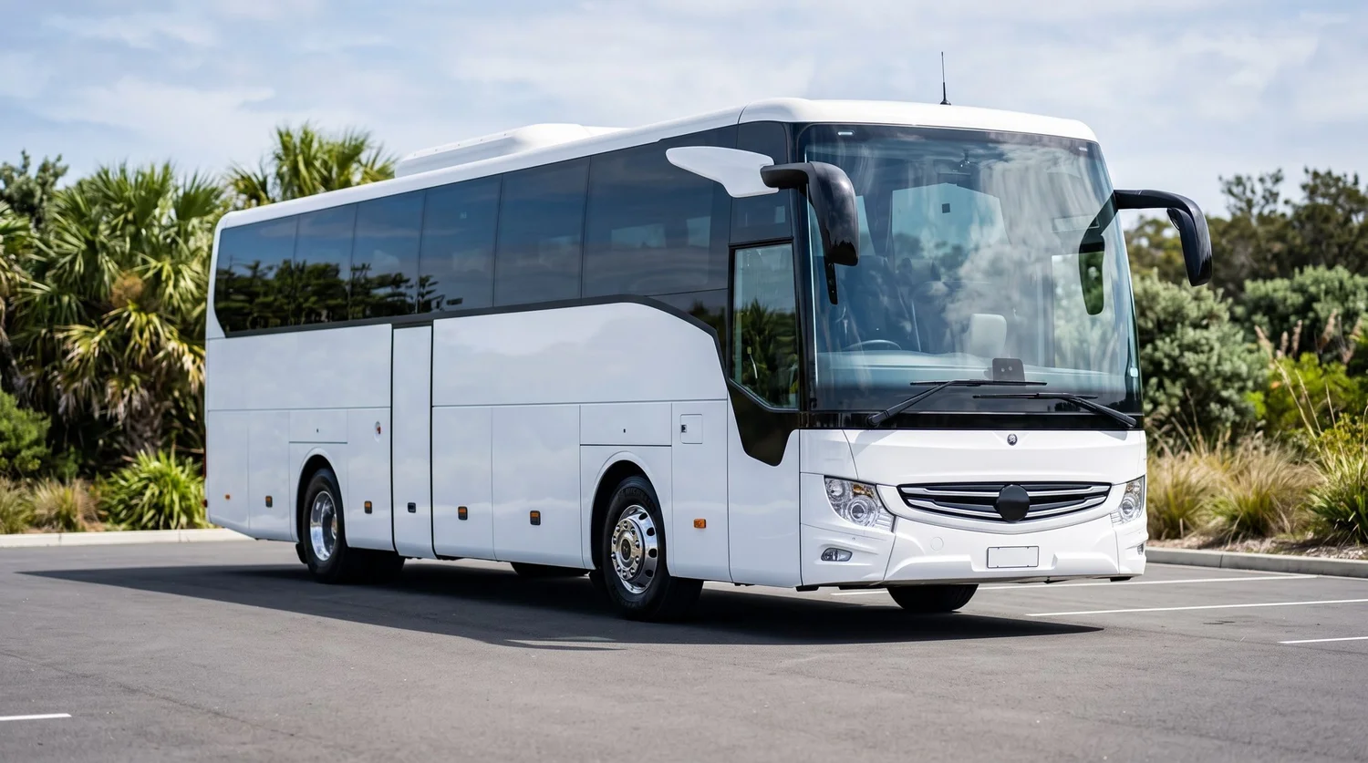 White 27 seat executive coach parked ready for a Queensland charter