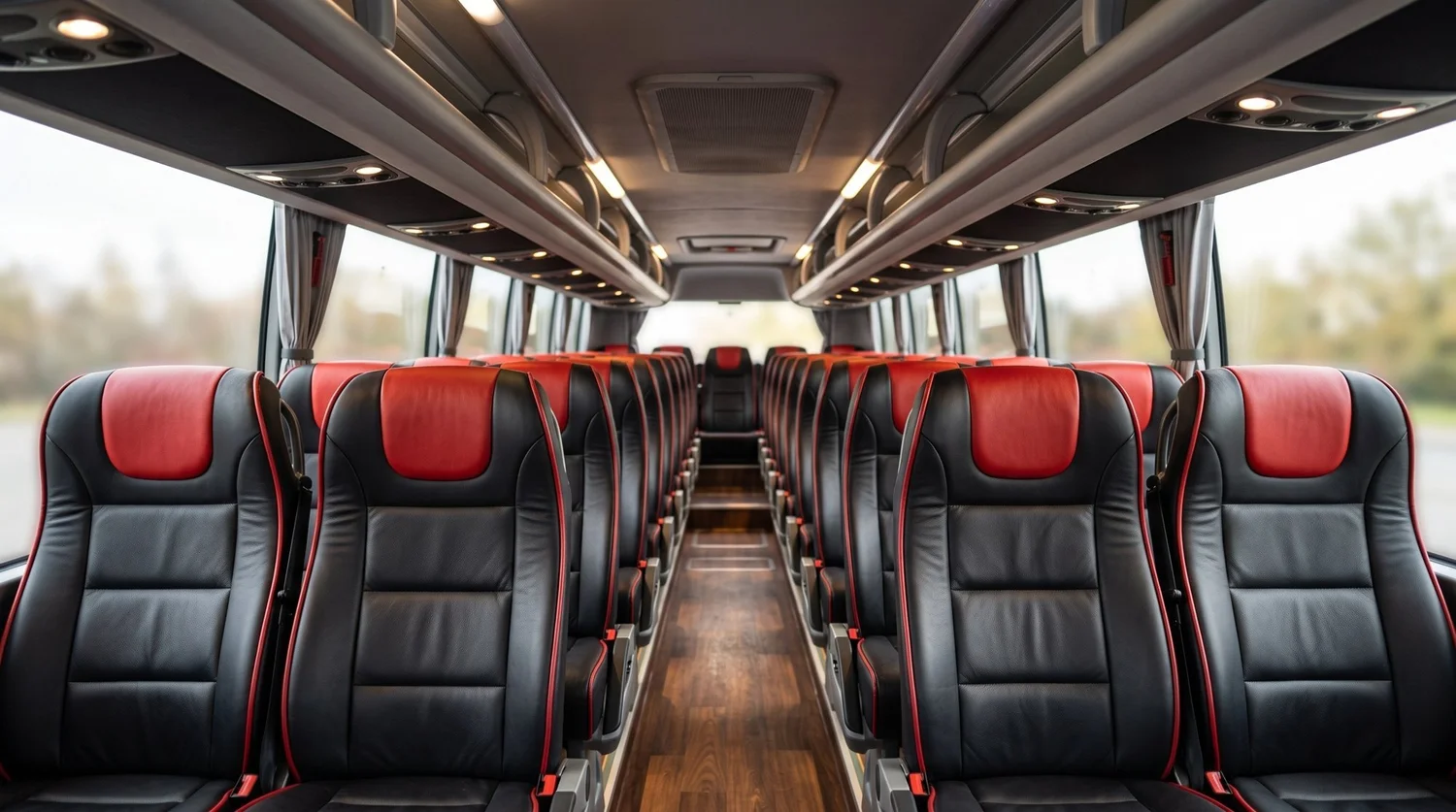 Interior of a 39 seat luxury coach with black and red leather reclining seats