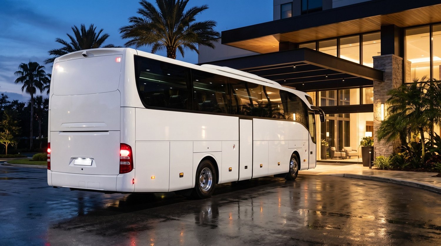 White 53 seat luxury coach at a hotel entrance for an evening group transfer