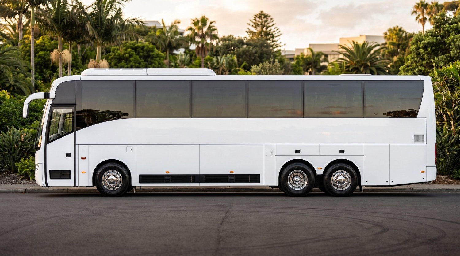 Side profile of a white 61 seat touring coach, the largest single coach available
