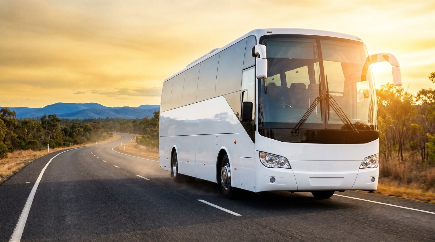 White 57 seat touring coach on the highway between Byron Bay and the Gold Coast