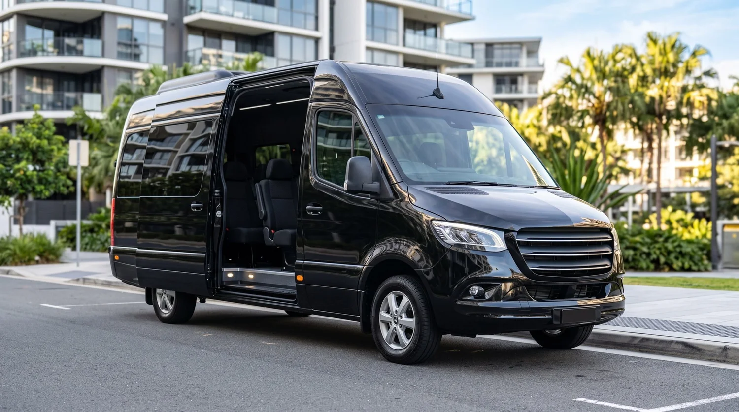 Black Mercedes Sprinter minibus waiting at a Brisbane kerbside pickup
