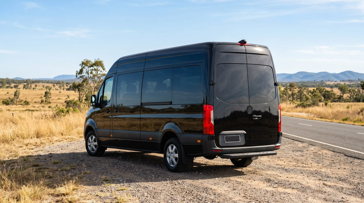 Black Mercedes Sprinter minibus on a regional Queensland road