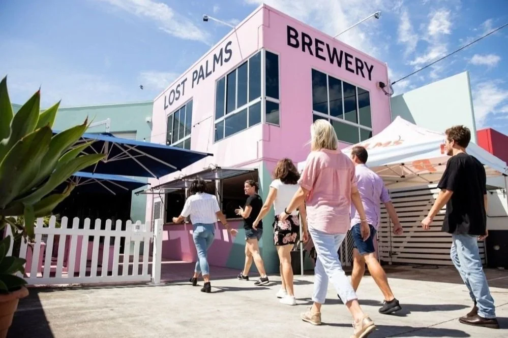 Group walking into Lost Palms Brewery on the southern Gold Coast on a sunny day