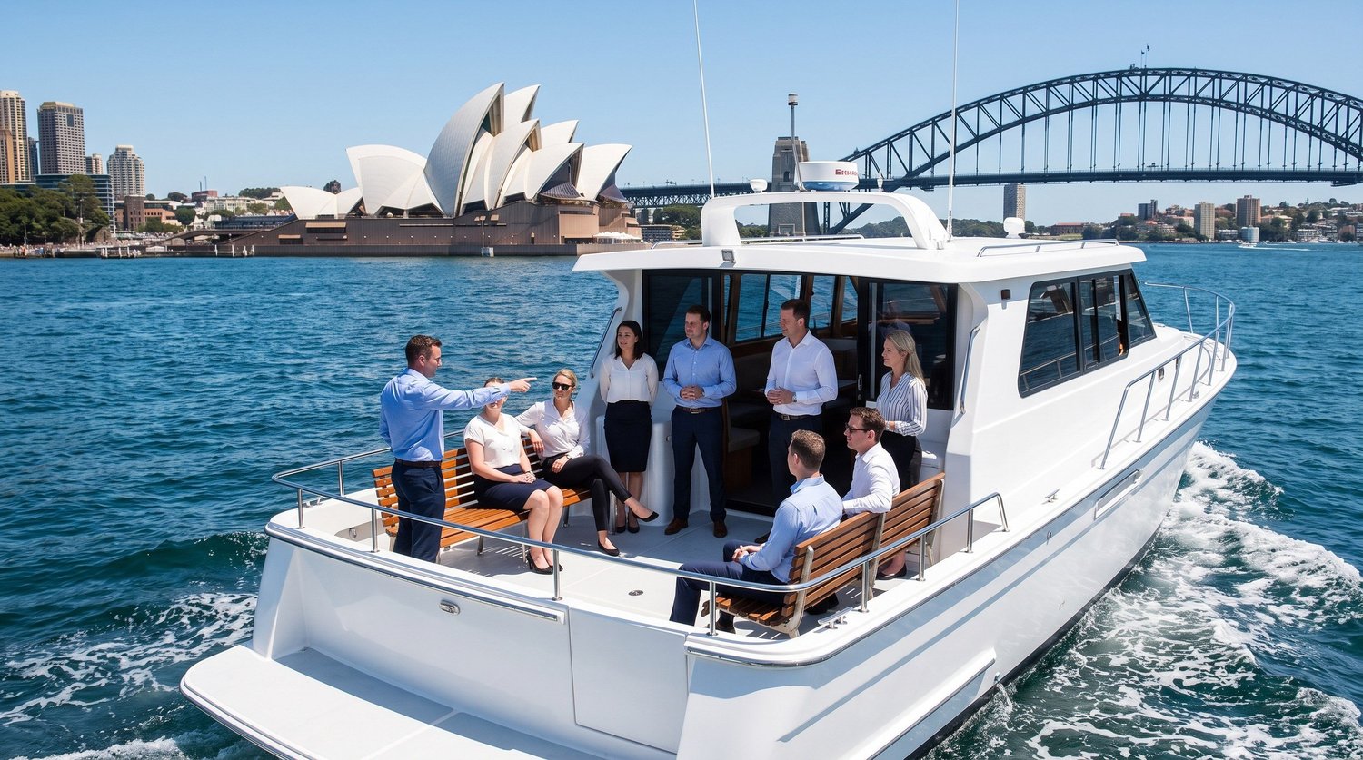 A charter yacht under way on Sydney Harbour with colleagues in business clothing talking on its open rear deck, the Sydney Opera House and the Harbour Bridge behind
