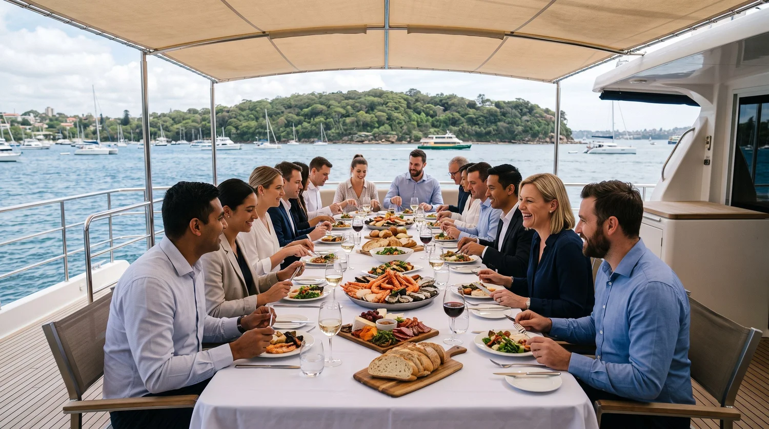 Around sixteen colleagues in business attire seated at a long white linen table eating shared platters on the shaded rear deck of a charter boat on Sydney Harbour
