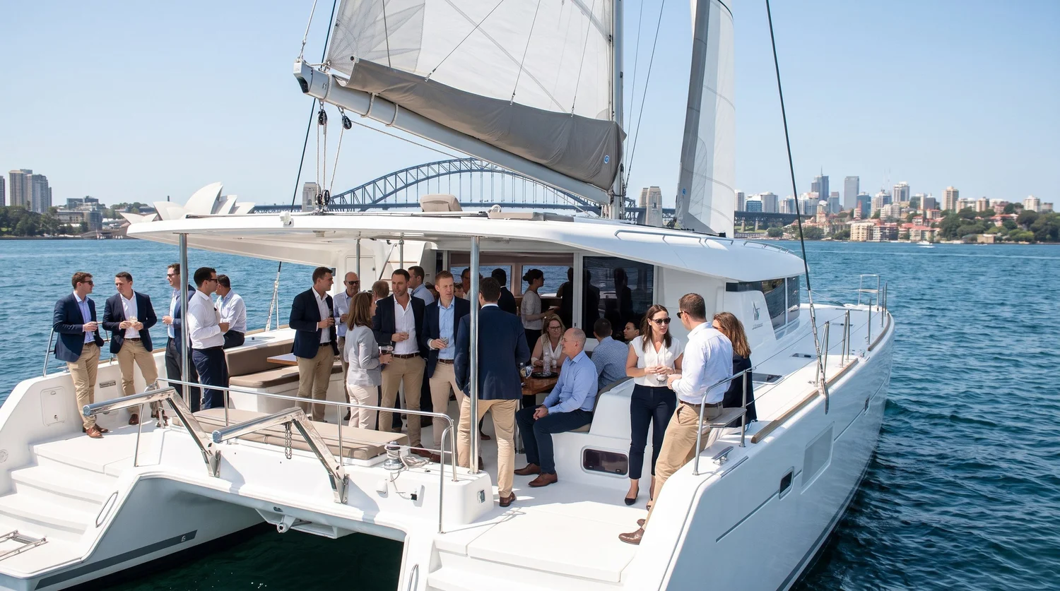 A large sailing catamaran under way on Sydney Harbour with around twenty colleagues in business casual clothing standing and talking across its rear deck, the Opera House and the Harbour Bridge behind