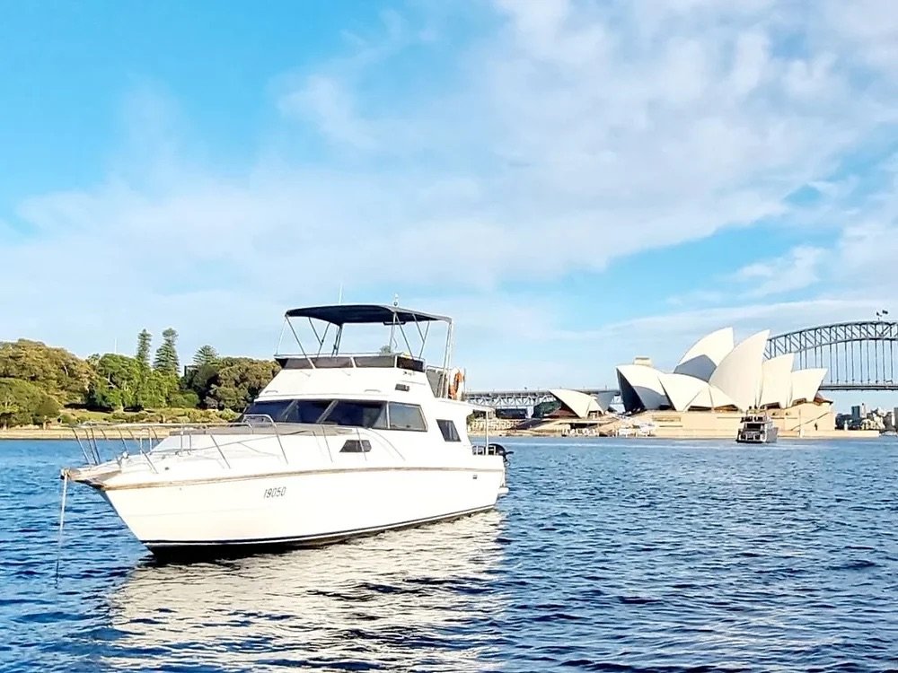 White flybridge power boat on a private Sydney Harbour charter with the Opera House and Harbour Bridge behind it