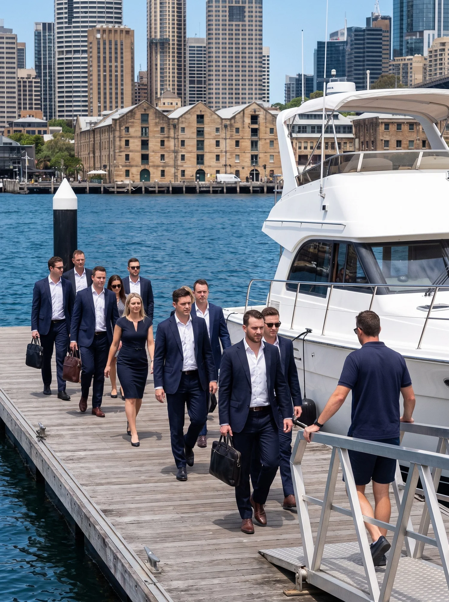 A group of colleagues in business suits walking along a Sydney Harbour timber wharf to board a white charter motor yacht at midday, with the sandstone warehouses and city towers behind them