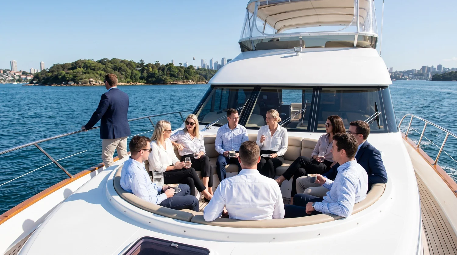 Around ten colleagues in business shirts seated on the curved forward sundeck lounge of a white motor yacht on Sydney Harbour, one standing at the rail, with a green harbour headland behind