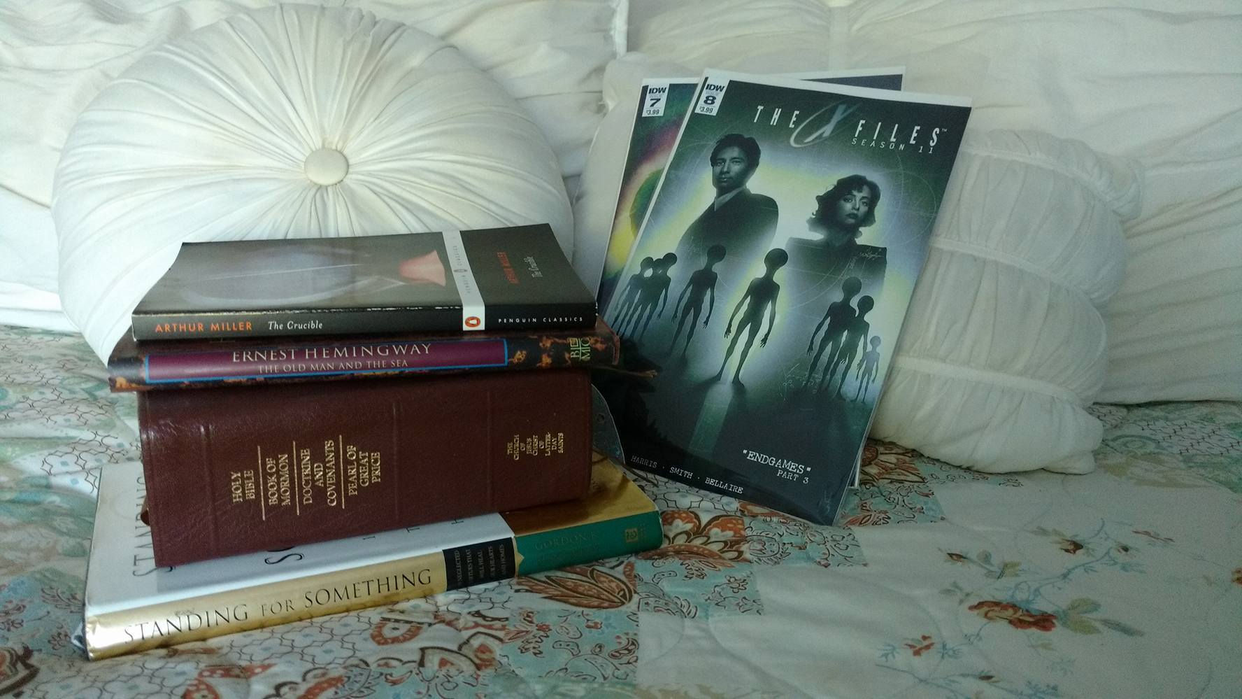 My current reads. And yes, I enjoy a comic book once a month. (Scriptures, Standing for Something, The Old Man and the Sea, The Crucible, & X-Files)
