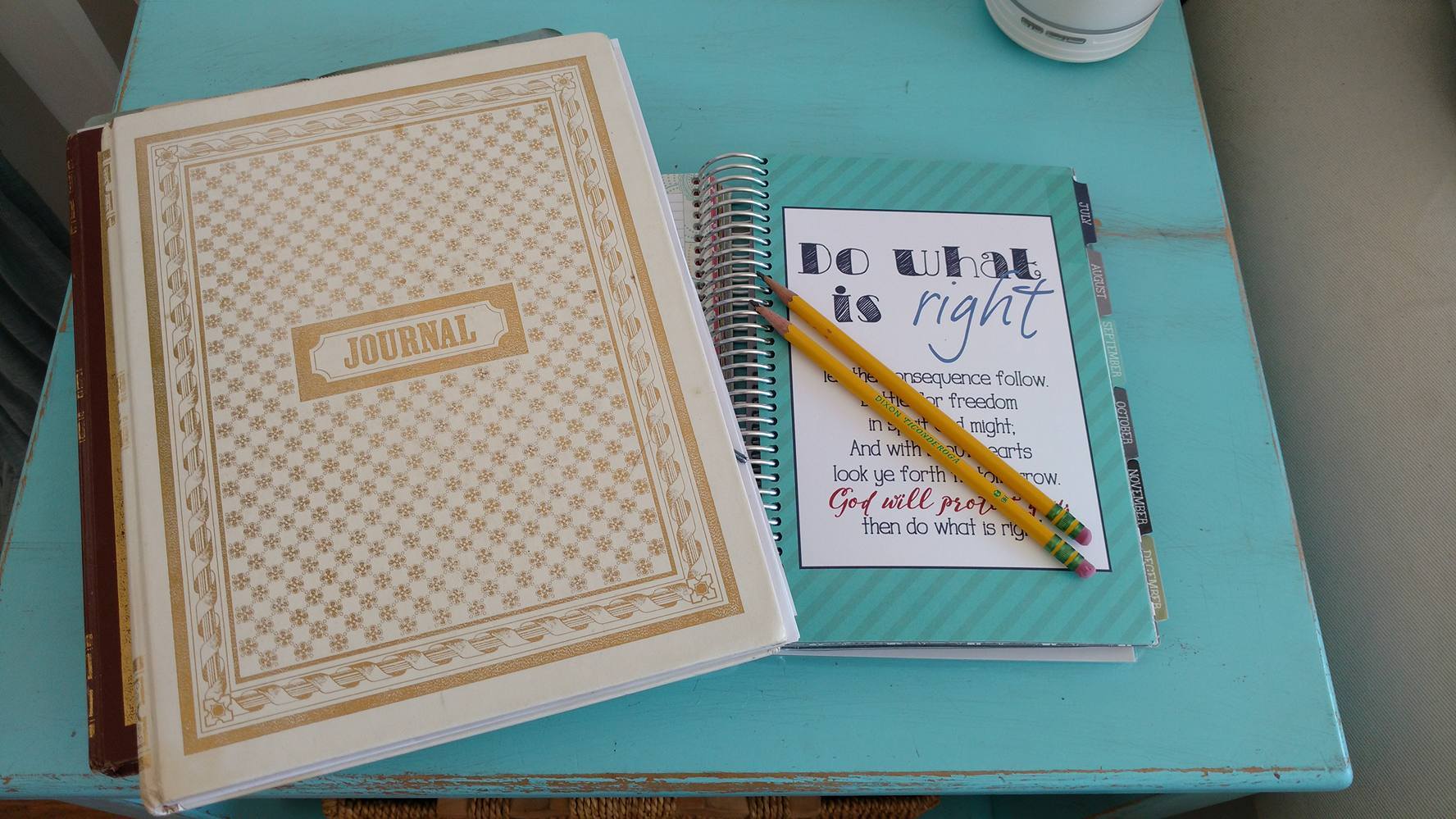 My journals and my planner. It's also fun to keep individual journals for my kids. I only write in them a few times a year, but it's a good record that I can give to them when they are all grown up. 