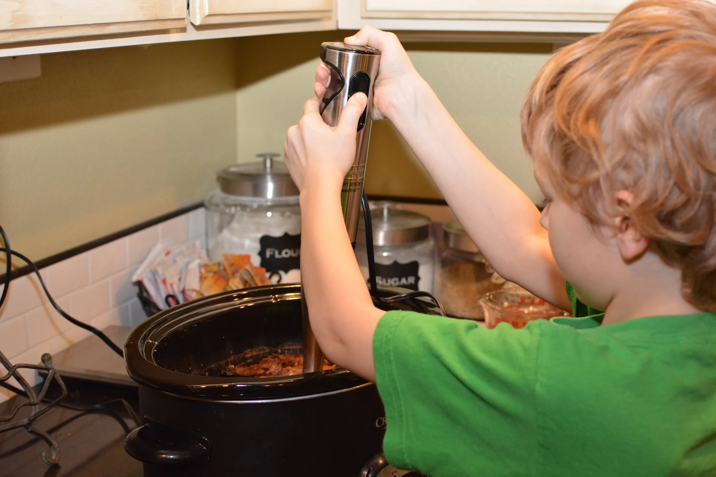 My littlest loves to use the immersion blender. He actually asked for it for Christmas, but they ended up getting one for me, figuring they could use it too.