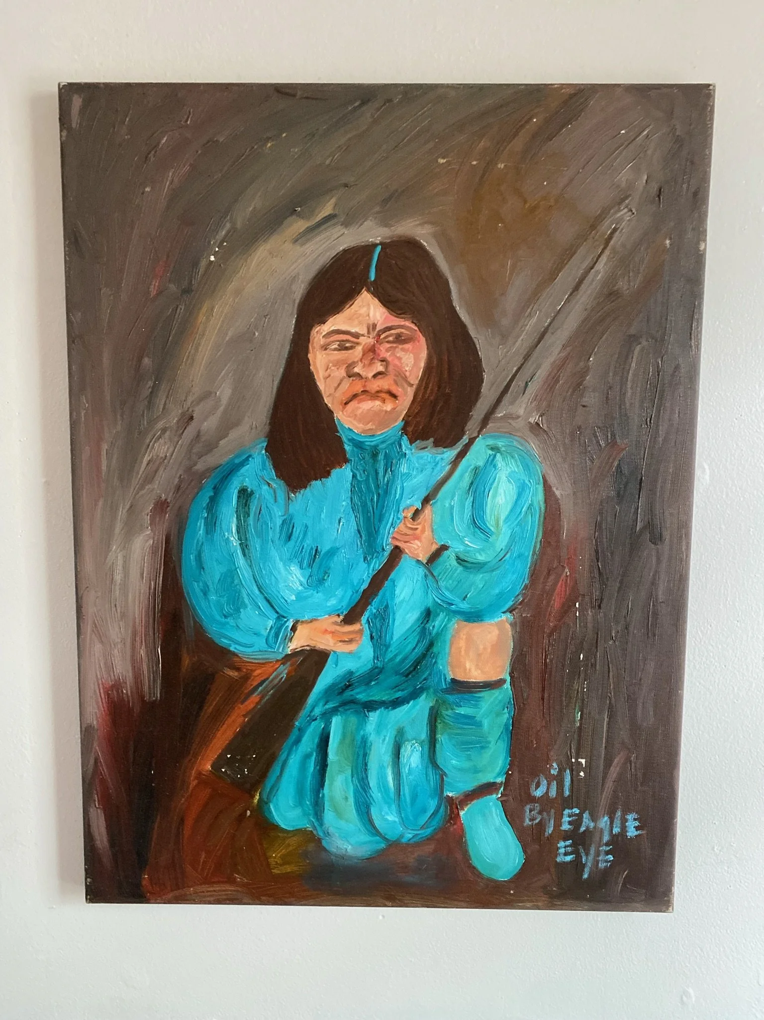 Eagle Eye Banks oil painting of Native Ameican on brown background. UNRULY Collective. Harlem River Yacht Club