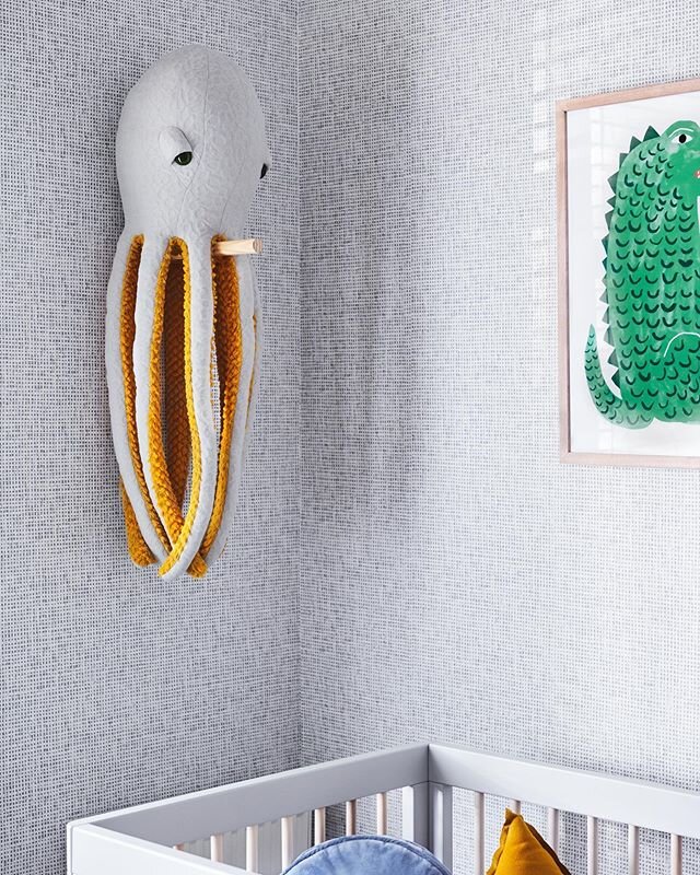 We are totally 💯 in love with Mr Octopus ... He is the cutest animal we have ever styled with and he is simply content sitting up on his perch watching over the baby in the cot all day long! You can see in this pic the detail of the exquisite textur