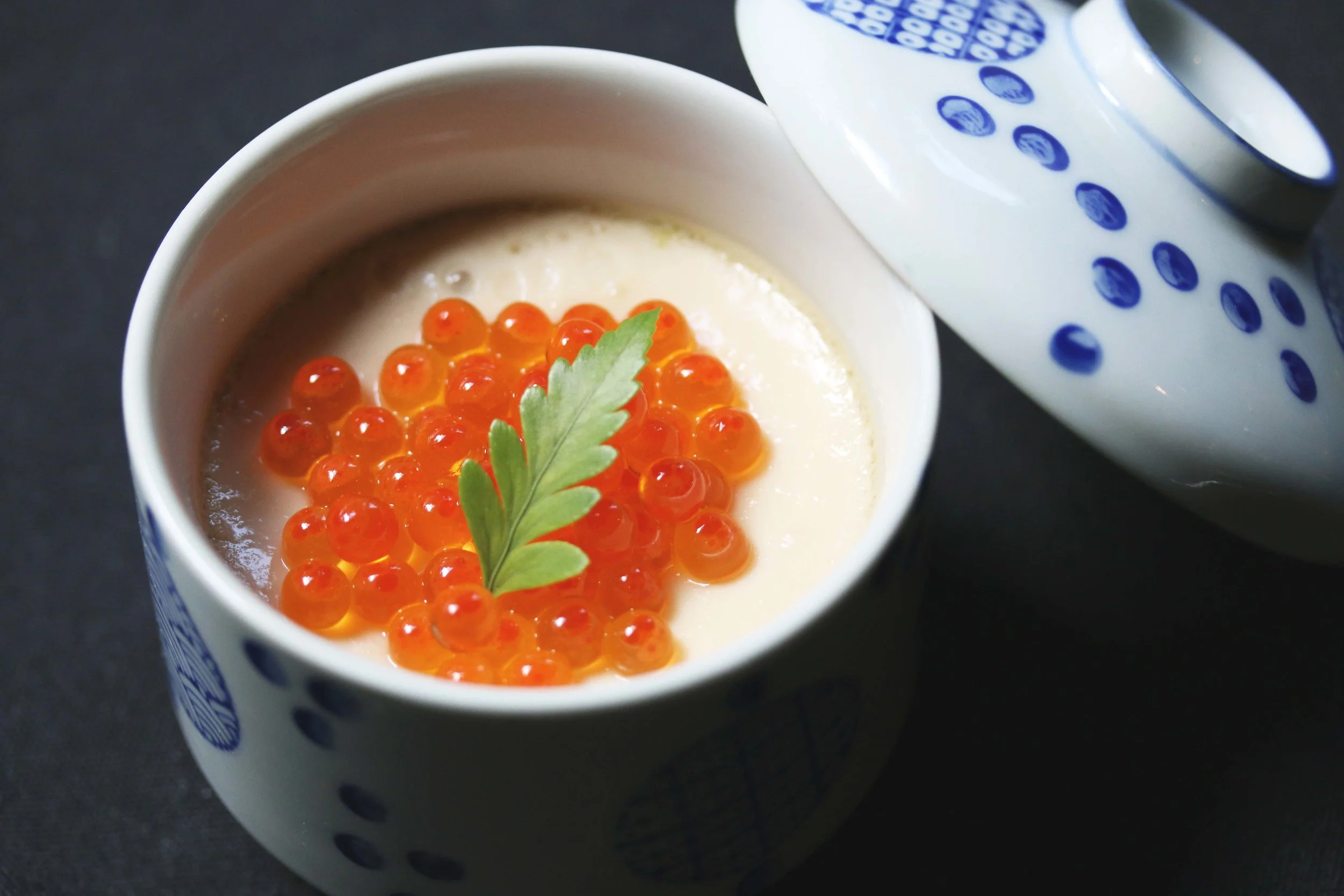 Kaiseki Summer - Chilled egg custard with spanner crab meat & avocado, topped with salmon roe