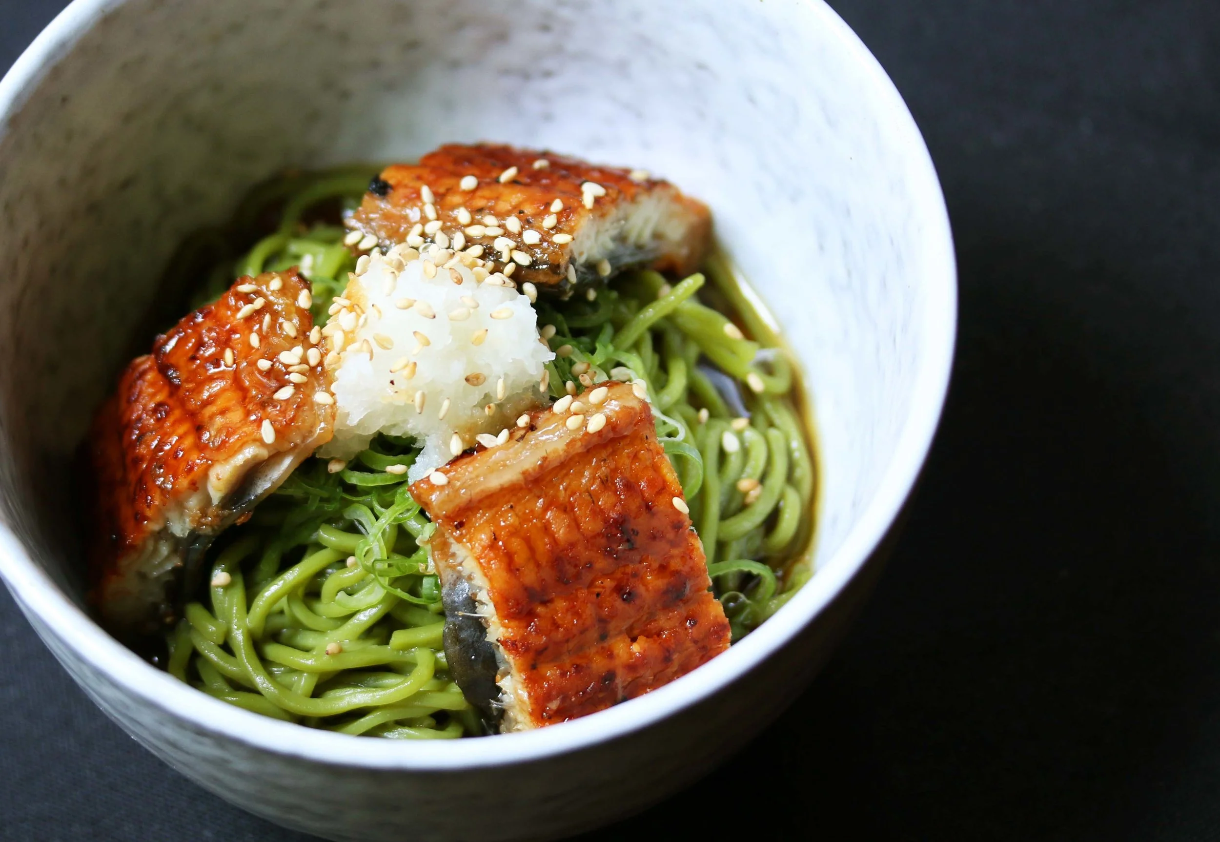 Kaiseki Summer - Green tea soba topped with barbecued eel served coldd eel