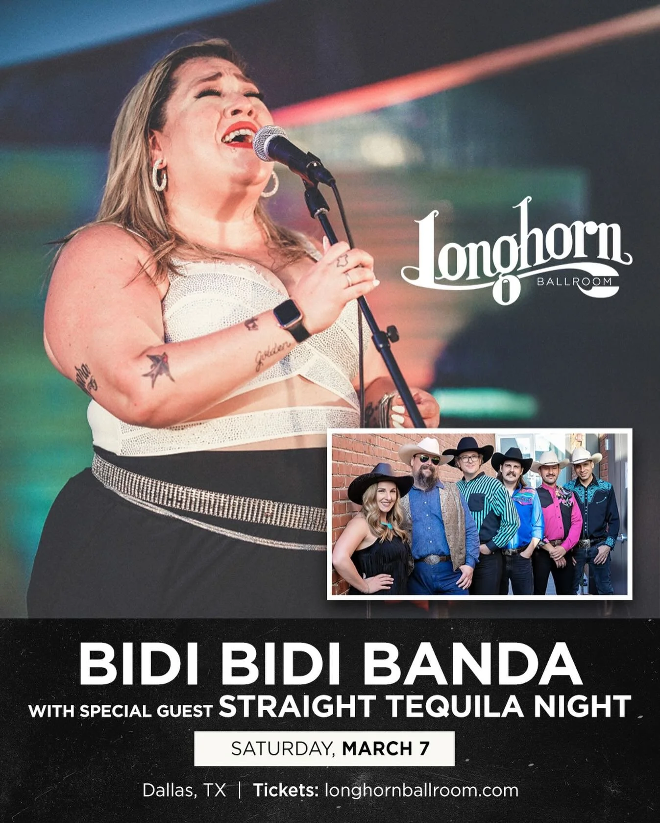 @bidibidibanda with special guests @straight_tequila_night are coming the Longhorn Ballroom on Saturday, March 7th. Get yours tickets today at prekindle.com #longhornballroom