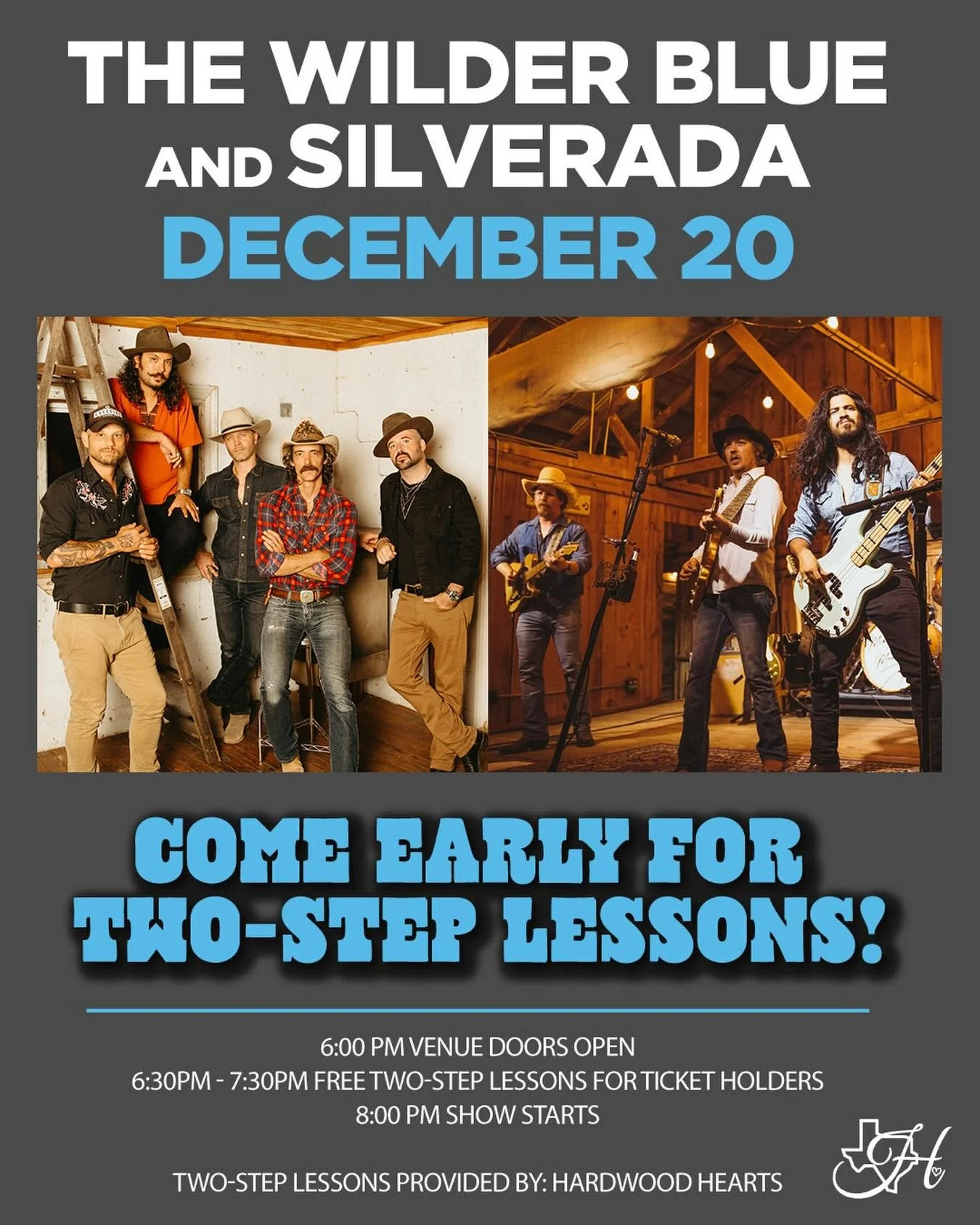 @thewilderblue &amp; @silverada take the stage this Saturday, December 20 &mdash; come early for Two-Step Lessons by @hardwoodheartsdance . Tickets are still available online at prekindle.com #longhornballroom
